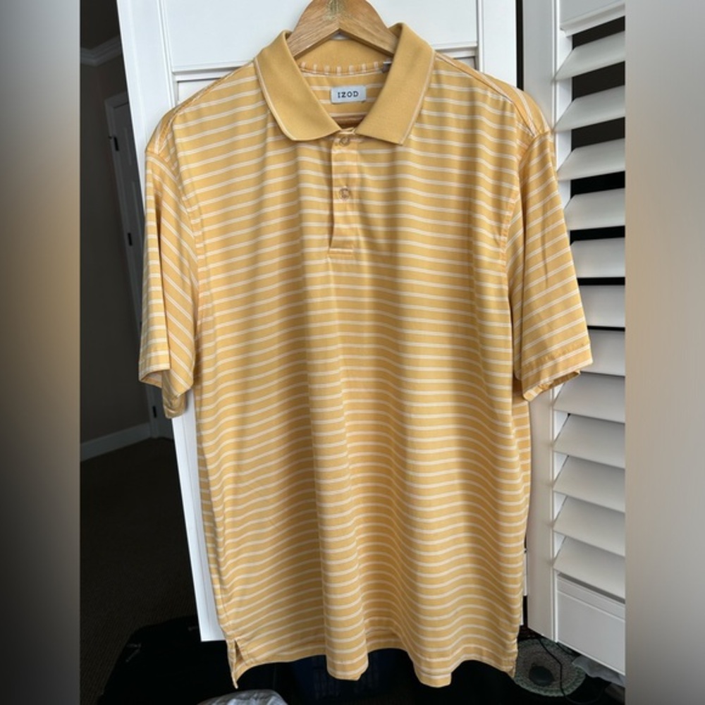 IZOD CoolFX Mustard Yellow White Stripe Performance Polo Shirt Size XL
